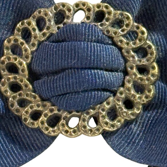 Vintage Shoe Clips Bows 2.25” Navy Blue Ribbon Brass Tone Metal Ring Set Of 2 - Picture 4 of 14
